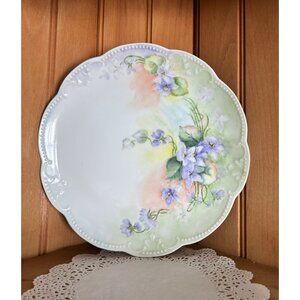 Antique Hand-Painted Porcelain Cake Plate Scalloped Edge Violet Floral Victorian
